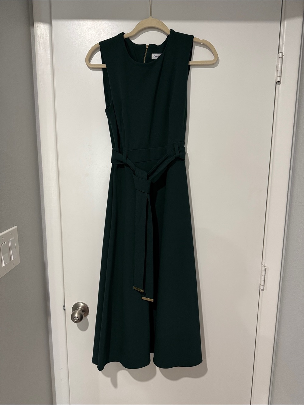 Calvin Klein Sleeveless Midi Dress in Dark Green with Self-Tie Belt